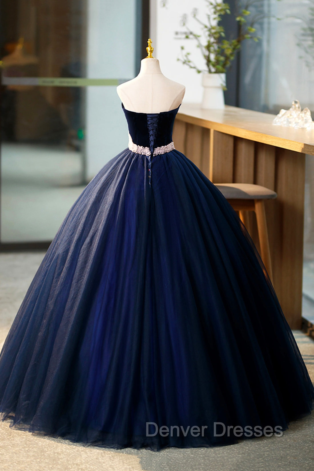 Blue Velvet Tulle Long Prom Dress, Blue Evening Party Dress