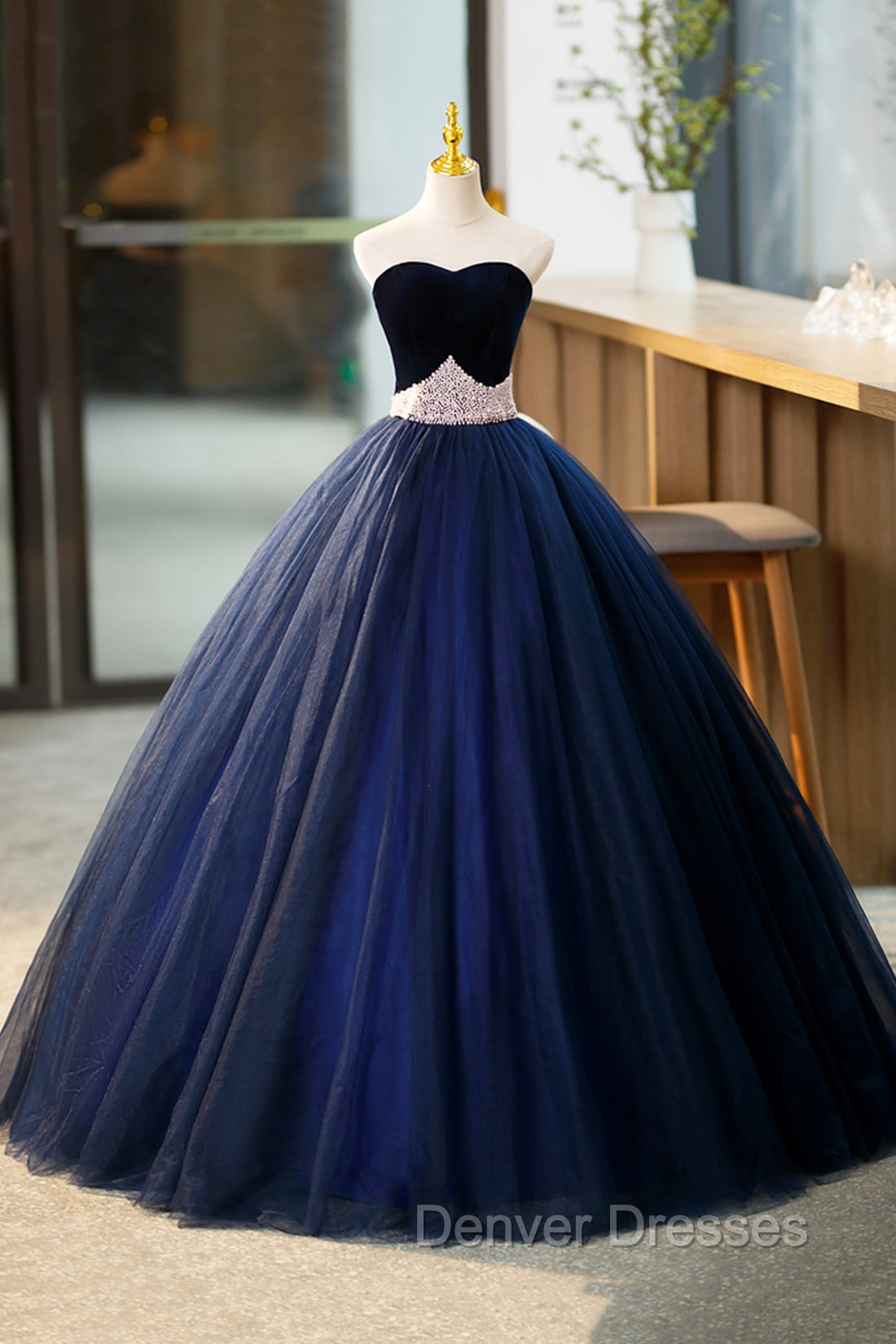 Blue Velvet Tulle Long Prom Dress, Blue Evening Party Dress