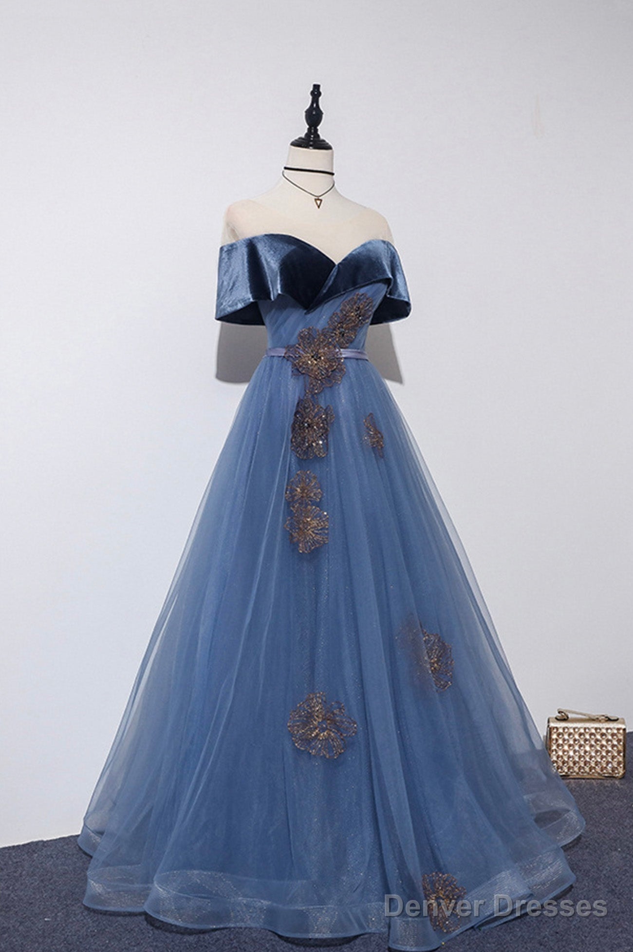 Blue Velvet Tulle Long Prom Dresses, Off The Shoulder Evening Dresses