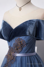 Blue Velvet Tulle Long Prom Dresses, Off The Shoulder Evening Dresses