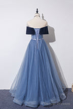 Blue Velvet Tulle Long Prom Dresses, Off The Shoulder Evening Dresses