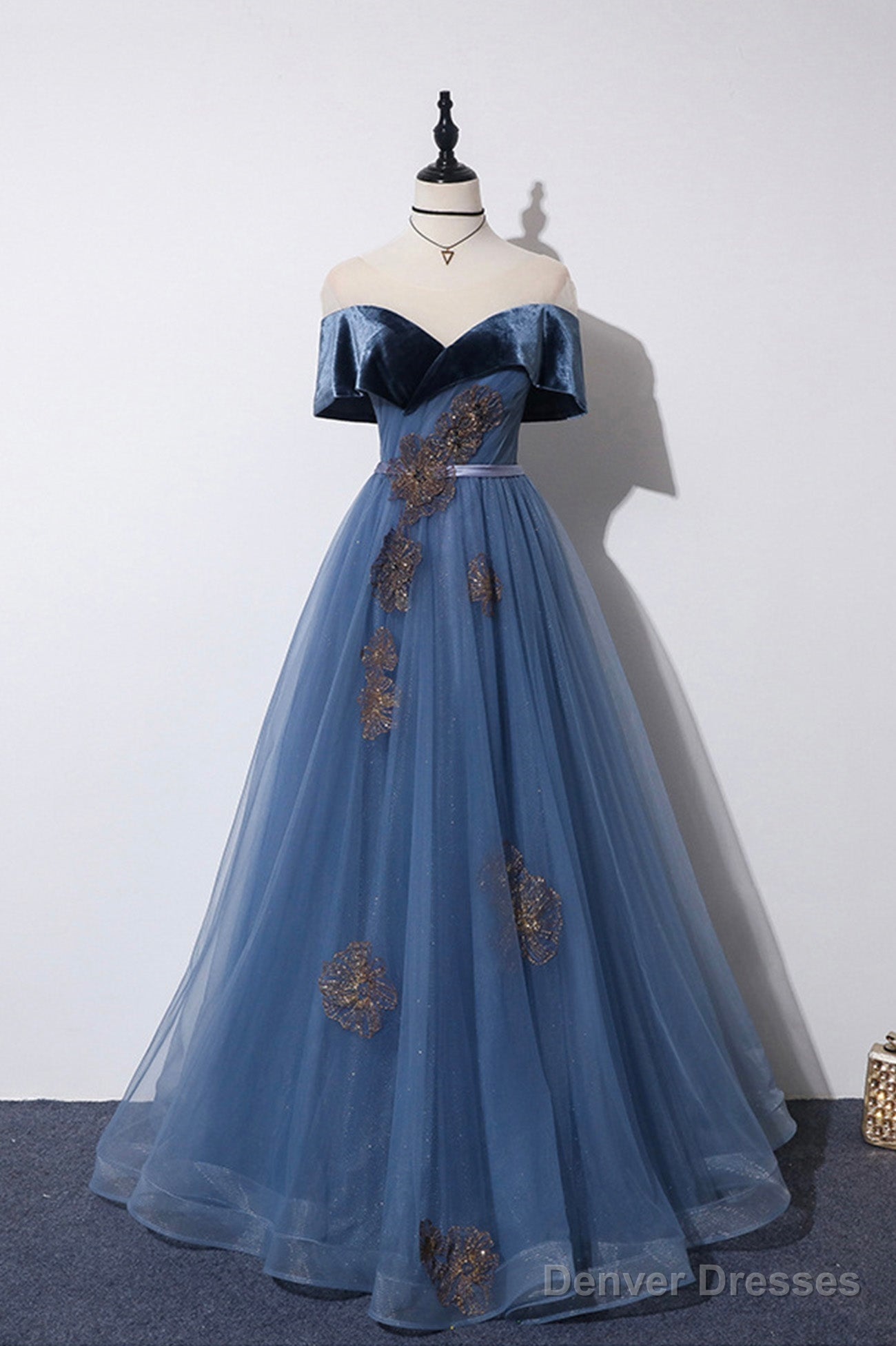 Blue Velvet Tulle Long Prom Dresses, Off The Shoulder Evening Dresses Main image
