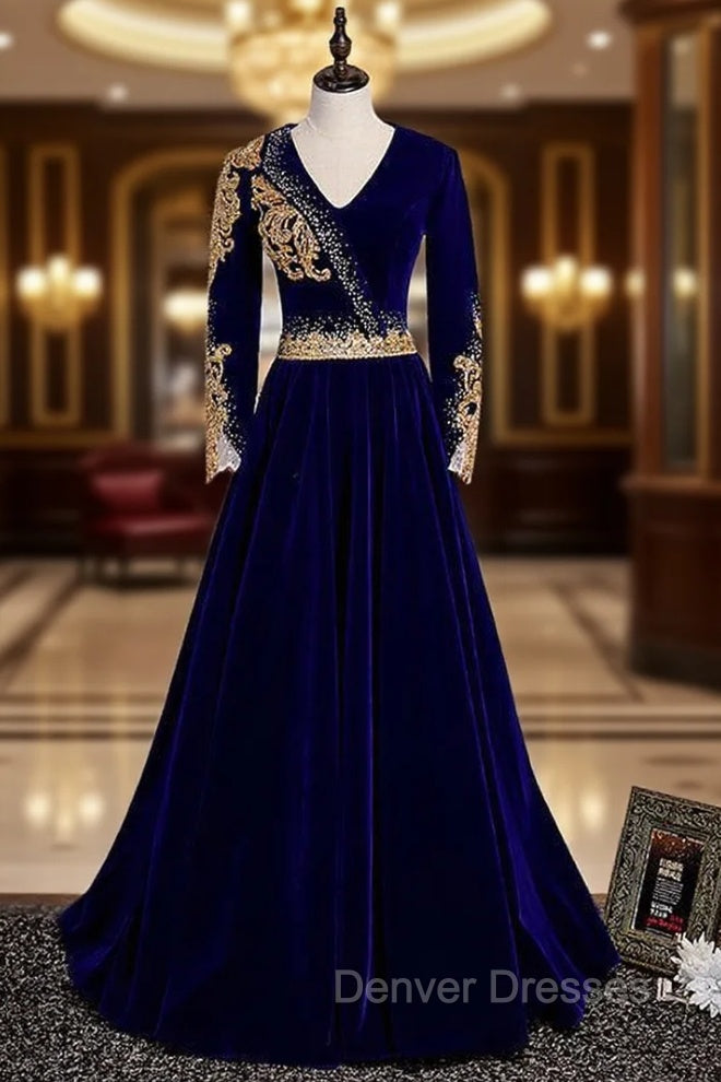 Blue Velvet V-neck Long Sleeve Gold Beading Prom Dress Main image
