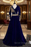 Blue Velvet V-neck Long Sleeve Gold Beading Prom Dress
