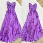 Blue Vintage Elegant V Neck Exquisite Embroidery Applique Beading Long Chiffon Prom Dress Evening Gown Party Dress