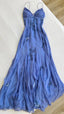 Blue Vintage Elegant V Neck Exquisite Embroidery Applique Beading Long Chiffon Prom Dress Evening Gown Party Dress
