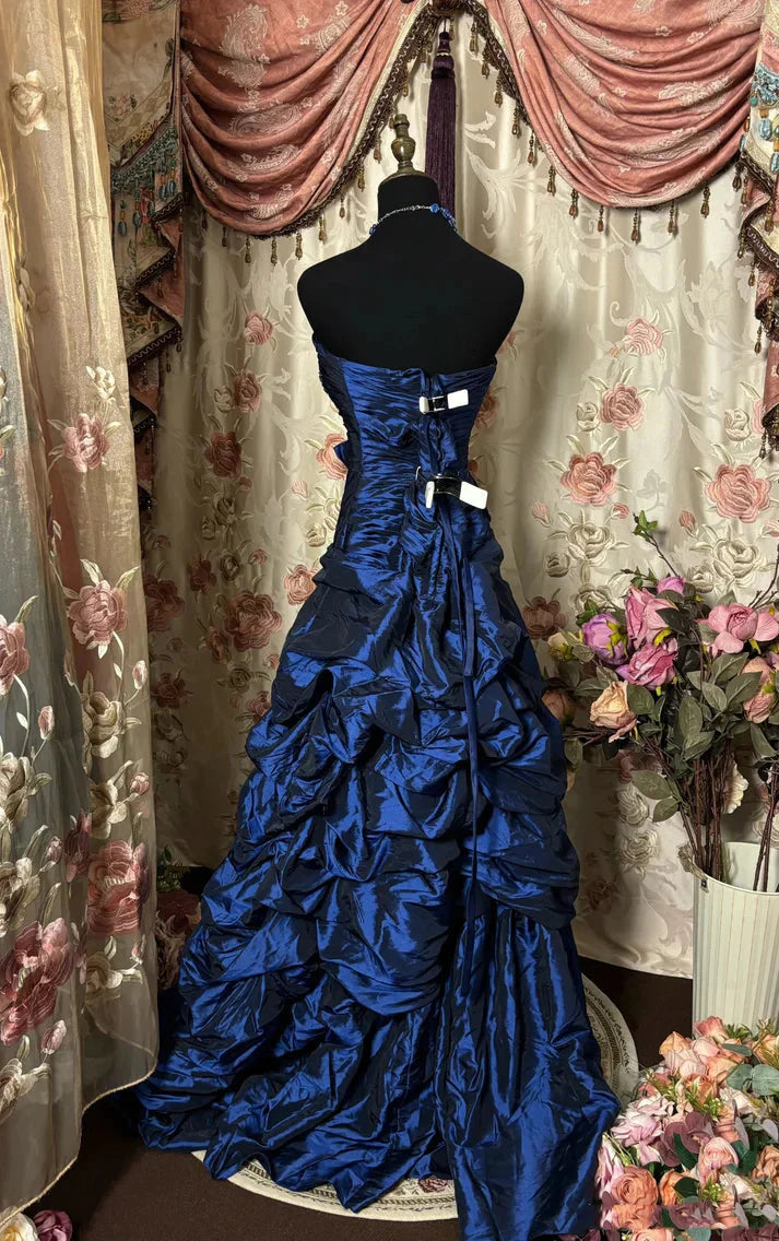 Blue Vintage Rhinestone Embellished Elegant Long Pleated Ball Gown Evening Dress Secondary image