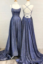 Blue A-Line Backless Long Prom Dresses, Blue Evening Dresses