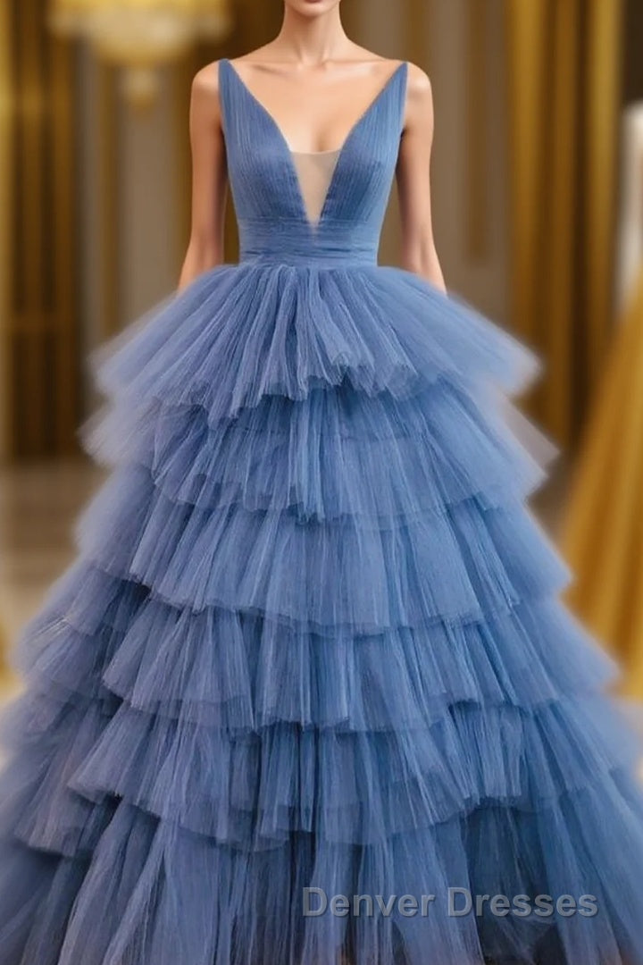 Blue V Neck Tiered Sleeveless Tulle Prom Dress, Gorgeous Long Party Dress