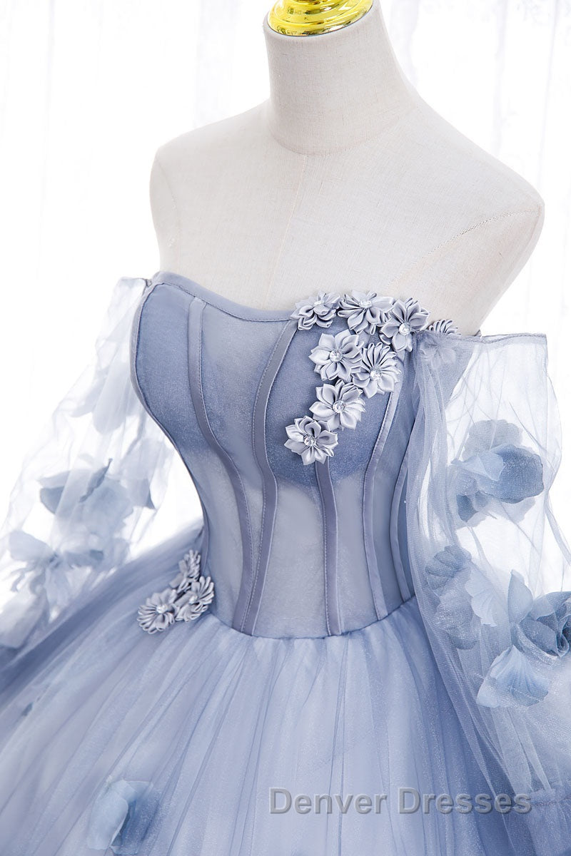 Blue Long Sleeves Tulle Prom Dress with Flowers, Puffy Off the Shoulder Quinceanera Dress