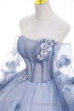 Blue Long Sleeves Tulle Prom Dress with Flowers, Puffy Off the Shoulder Quinceanera Dress