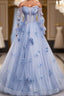 Blue Long Sleeves Tulle Prom Dress with Flowers, Puffy Off the Shoulder Quinceanera Dress