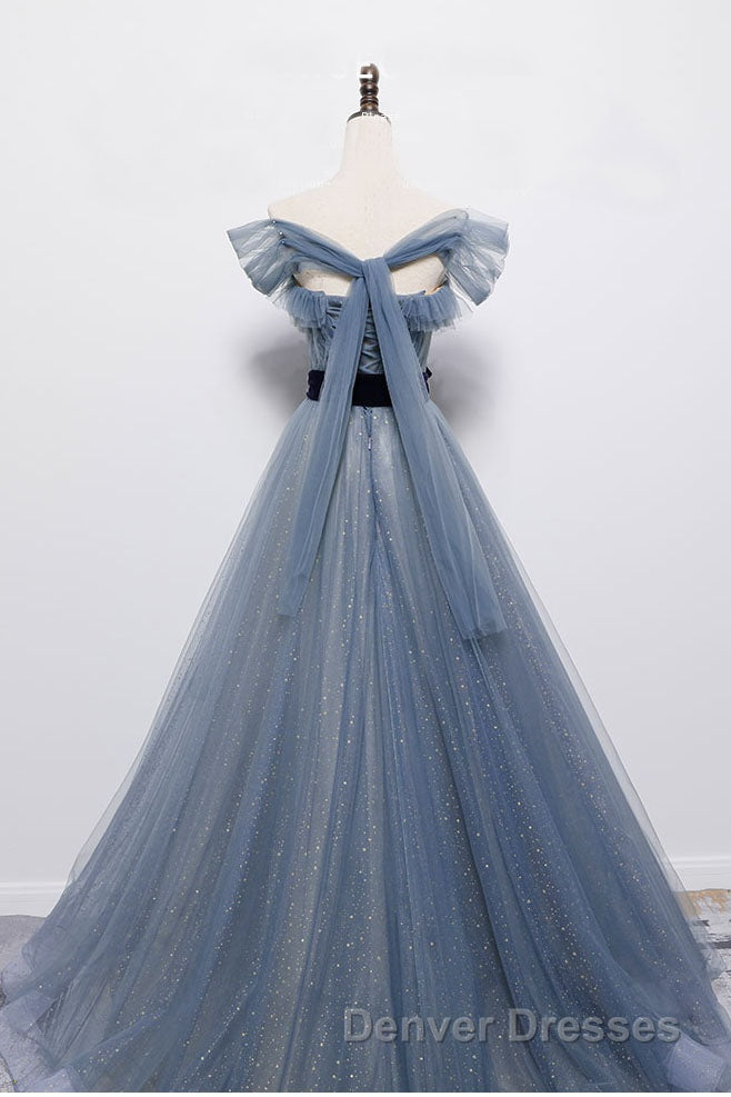 Blue Off the Shoulder Tulle Long Prom Dress with Sash, Sparkly Formal Gown