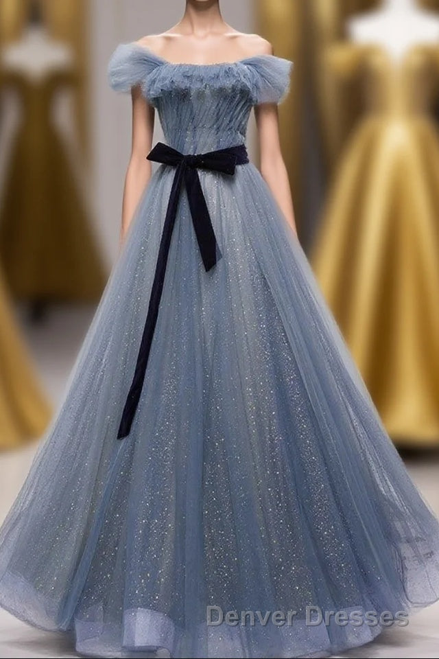 Blue Off the Shoulder Tulle Long Prom Dress with Sash, Sparkly Formal Gown Main image