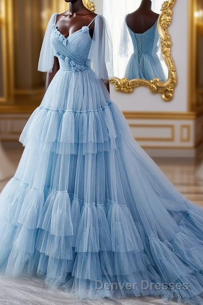 A Line V Neck New Style Tiered Long Tulle Prom Dress, Evening Gown with Flower