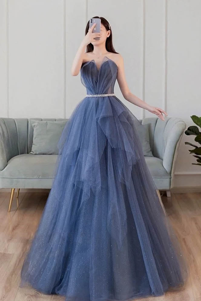 Purple Prom Dress, Blue Sweetheart Sleeveless Floor Length Sparkly Evening Prom Dress with Belt Main image