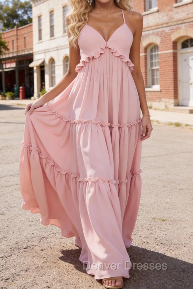 Blush A-line V Neck Sleeveless Floor-Length Chiffon Prom Dress Long Prom Dresses Backless with Pleated Ruffles Secondary image