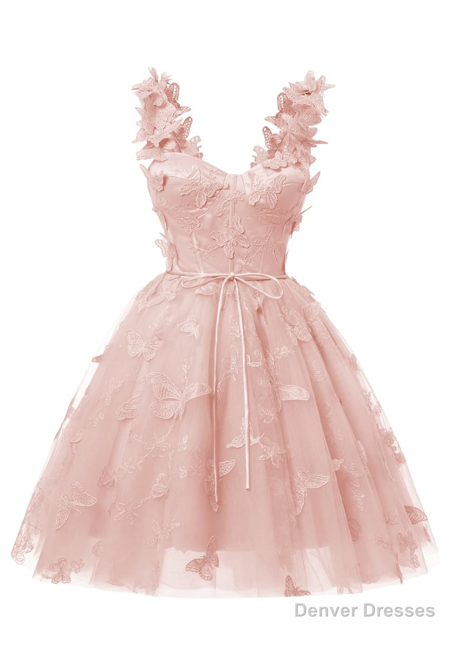 Blush Pink 3D Butterfly Lace Applique Tulle Homecoming Dress for Teens Sweetheart Mini Short Prom Dresses Main image