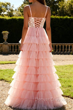 Blush Pink A Line Corset Sequins Tiered Ruffle Long Prom Dress with Appliques