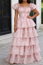 Blush Pink A Line Square Neck Tiered Prom Dress with Ruffles