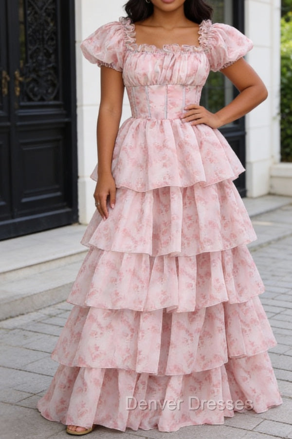 Blush Pink A Line Square Neck Tiered Prom Dress with Ruffles