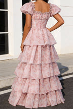 Blush Pink A Line Square Neck Tiered Prom Dress With Slit