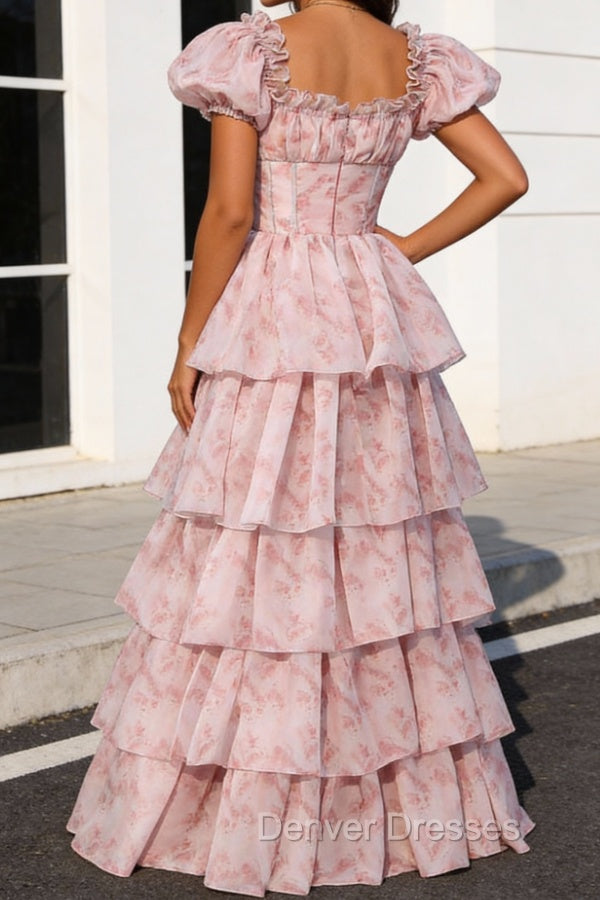 Blush Pink A Line Square Neck Tiered Prom Dress With Slit