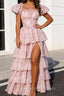 Blush Pink A Line Square Neck Tiered Prom Dress With Slit
