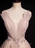 Blush Pink A-Line V-Neck Glitter Tulle With Beaded Long Prom Dress Adult Ceremony Evening Dress