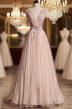 Blush Pink A-Line V-Neck Glitter Tulle With Beaded Long Prom Dress Adult Ceremony Evening Dress