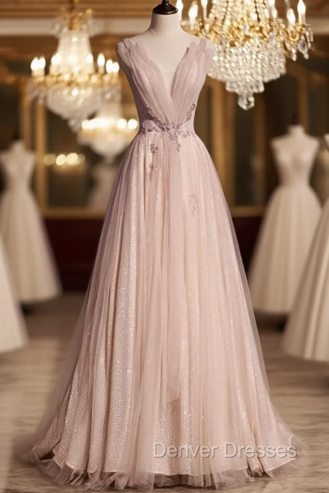 Blush Pink A-Line V-Neck Glitter Tulle With Beaded Long Prom Dress Adult Ceremony Evening Dress