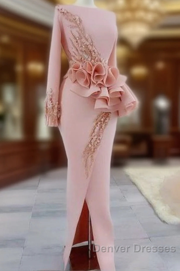 Blush Pink Aso Ebi Evening Dress Long Sleeves Peplum Beads Appliques Pearls Side Split Mermaid Prom Dress Main image