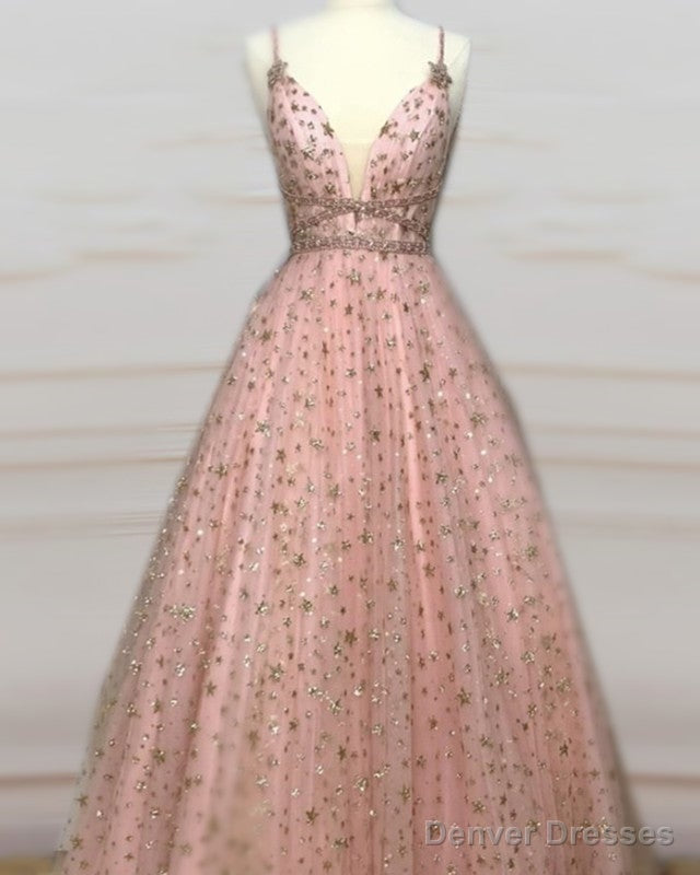 Blush Pink Ball Gown V-Neck Prom Dresses With Gold Stars