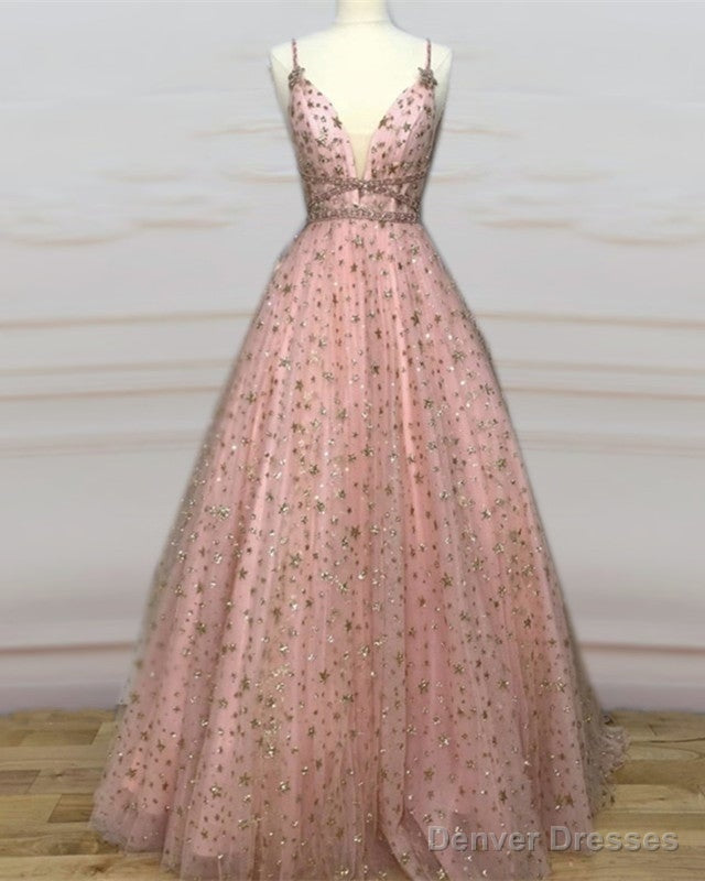 Blush Pink Ball Gown V-Neck Prom Dresses With Gold Stars Main image