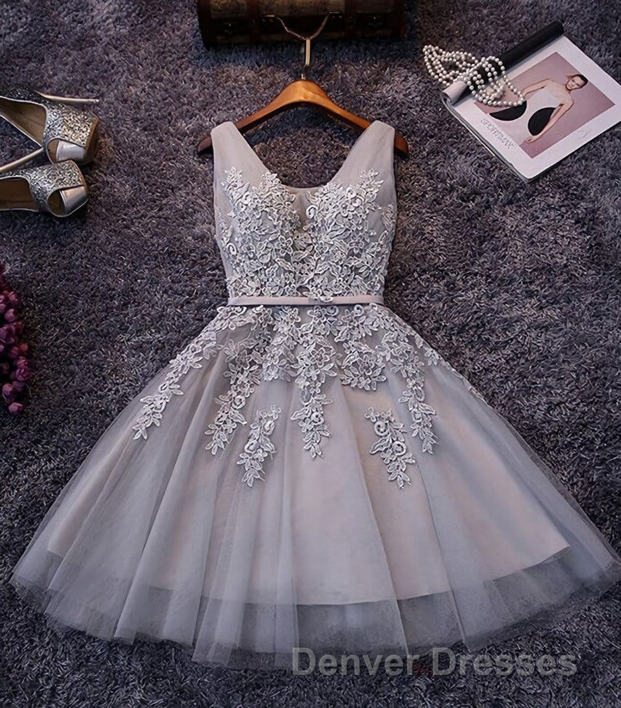 Blush Pink Lace Appliqued Tulle Homecoming Dress,Formal Dress