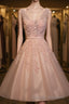 Blush Pink Lace Appliqued Tulle Homecoming Dress,Formal Dress