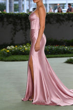 Blush Pink Mermaid Strapless Pleated Corset Long Prom Dress with Slit