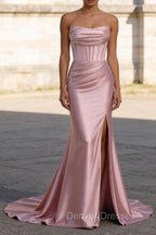 Blush Pink Mermaid Strapless Pleated Corset Long Prom Dress with Slit