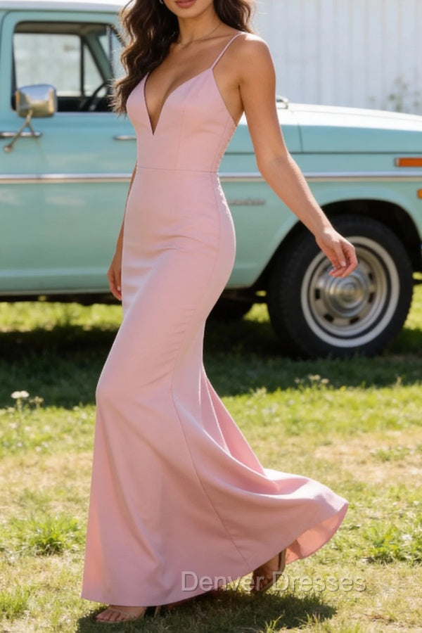 Blush Pink V Neck Spaghetti Straps Long Prom Dress