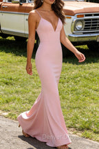 Blush Pink V Neck Spaghetti Straps Long Prom Dress