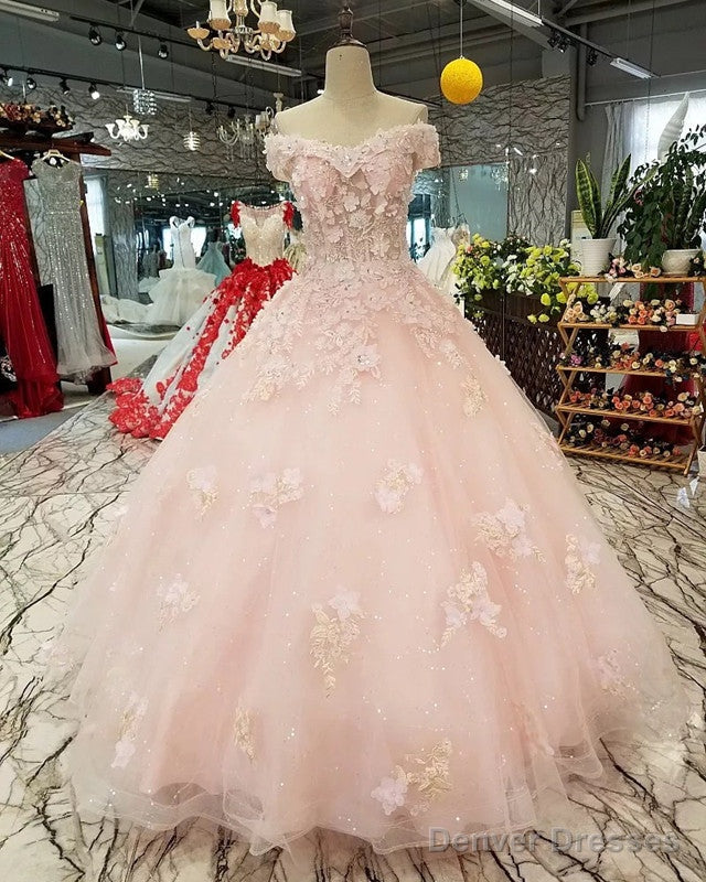 Blush Pink Wedding Dresses Ball Gowns Off Shoulder With 3D Lace Flowers Main image