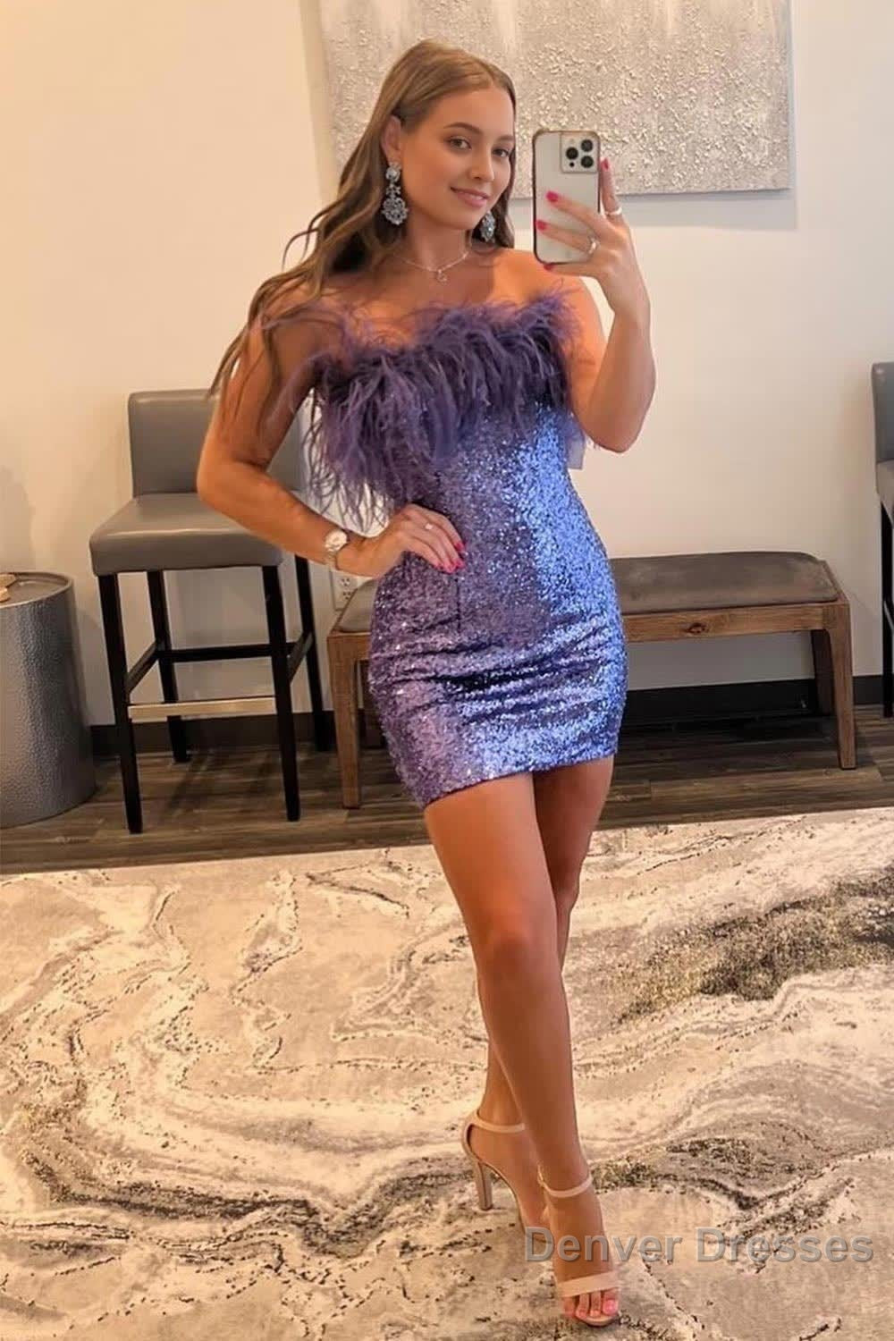 Blush Sparkly Tight Sequins Homecoming Dress with Feathers