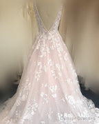 Blush Tulle Wedding Dresses Ivory Lace V Neck