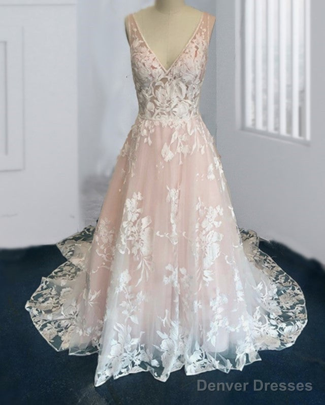 Blush Tulle Wedding Dresses Ivory Lace V Neck Main image
