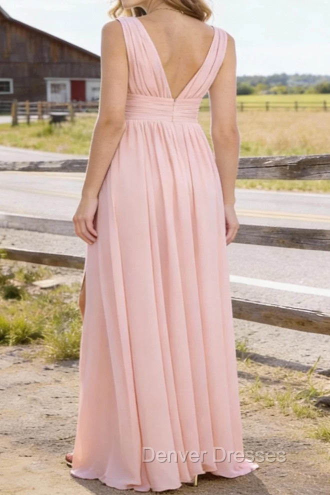 Blush V Neck Chiffon Floor Length Bridesmaid Dresses Long Bridesmaid Dress With Pleated Split