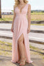 Blush V Neck Chiffon Floor Length Bridesmaid Dresses Long Bridesmaid Dress With Pleated Split