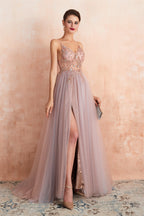 Spaghetti Straps V-neck Sheer Top Tulle Long Prom Dresses with Side Slit