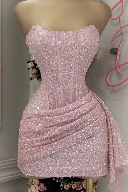 Blushing Pink Sequins Cocktail Dress Woman Elegant Wedding Prom Dress Gowns Mini Graduation Dress Vestido De GraduacióN Vestido De Fiesta Homecoming Dress