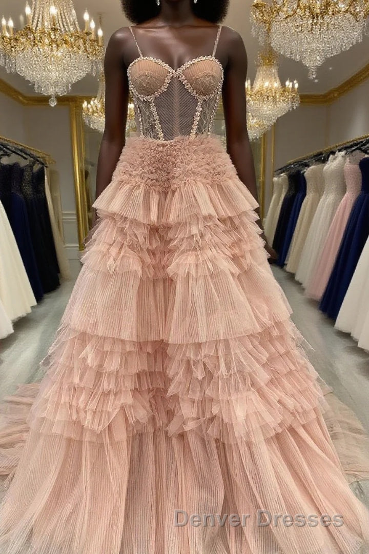 Blushing Pink Tulle Ruffle Layers Lace-Up Back A-Line Prom Dress Main image