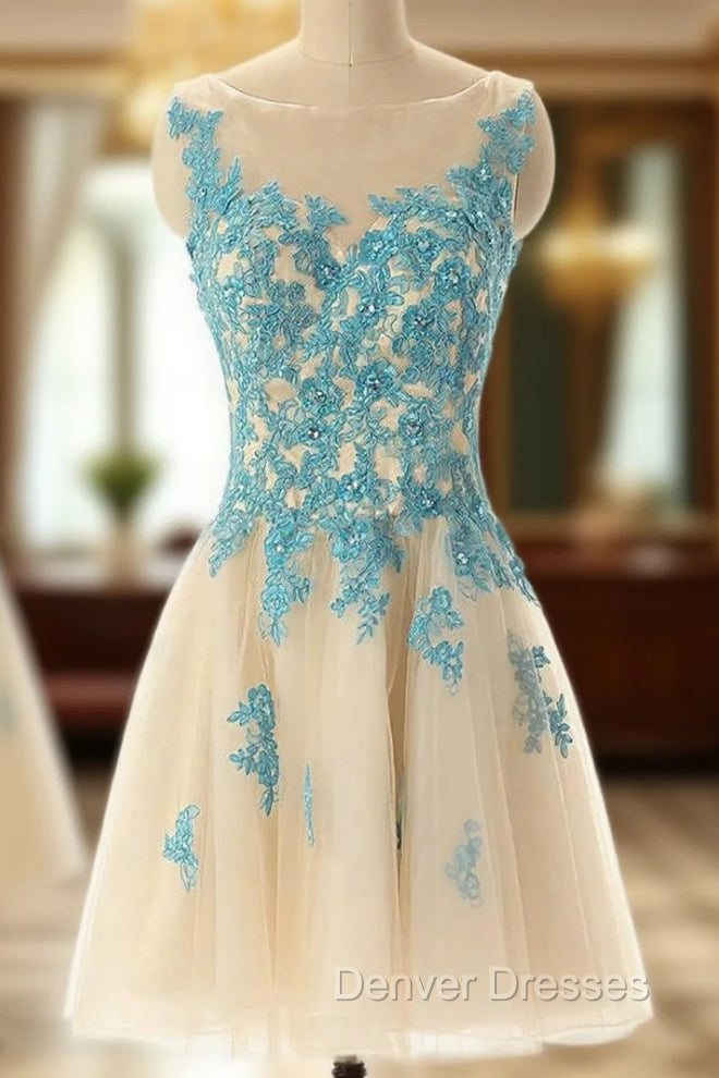 Boat Neck Champagne Tulle Prom Party Dress with Blue Lace Main image